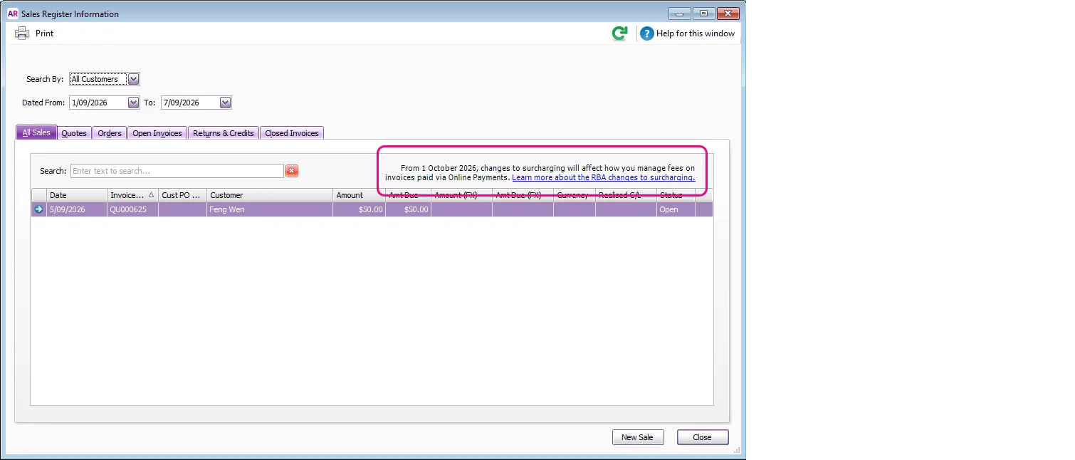 Sales register window with upcoming surcharge changes message highlighted