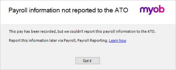 Example message about payroll information not sent to the ATO