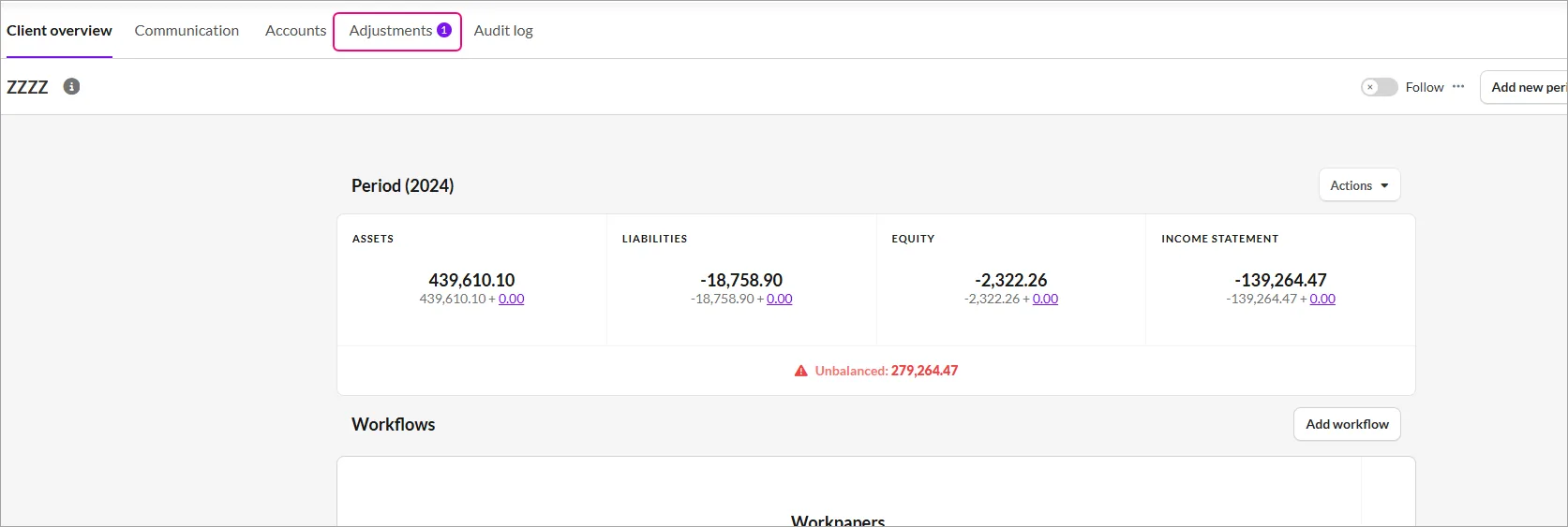 Adjustments tab highlighted on the Client overview page