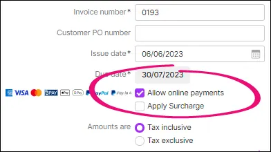 Allow online payments option already selected