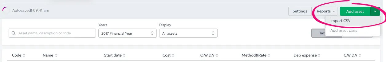 Add assets button highlighted and expanded, showing the Import CSV option.