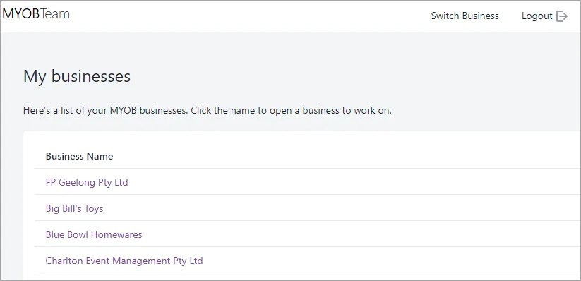 Example list of businesses in MYOB Business