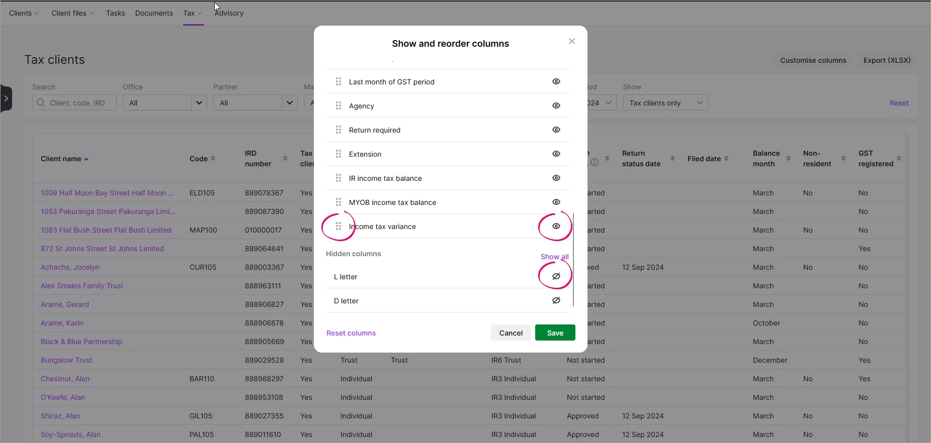 Show and reorder columns window on the Tax clients page