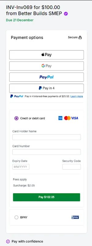 Payment method options and payment details