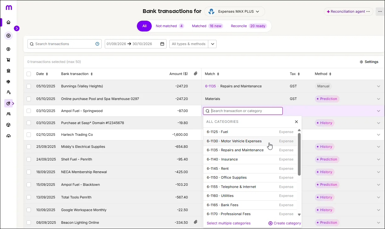 Match a transaction to a single category by clicking in the Match column and selecting it