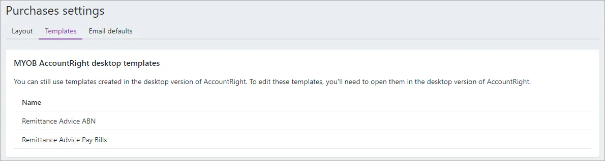 Templates tab on the purchases settings page for AccountRight