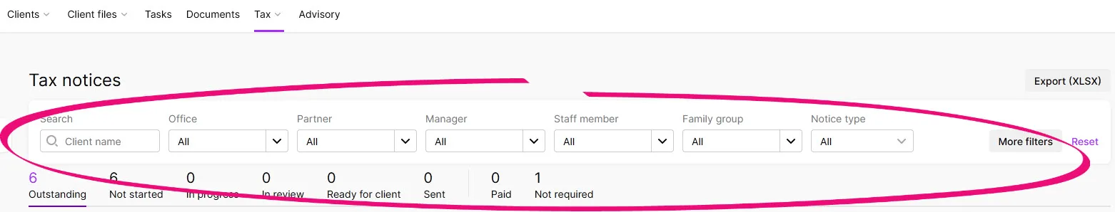 The filters and status tabs highlighted near the top of the Tax notices page