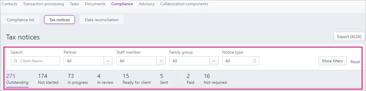 The filters and status tabs highlighted near the top of the Tax notices page