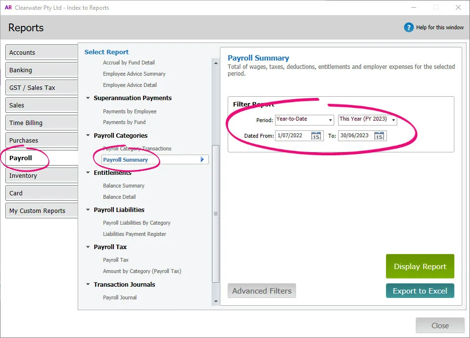 Example report filters highlighted