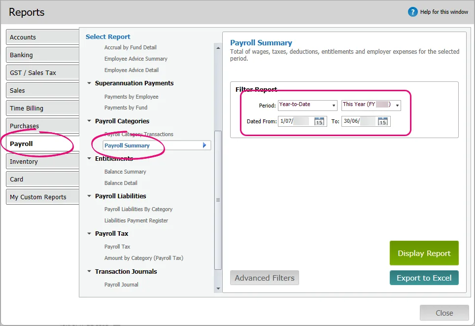 Example report filters highlighted
