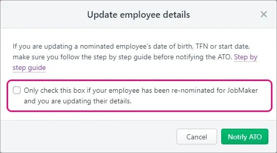 Update employee details window with checkbox highlighted