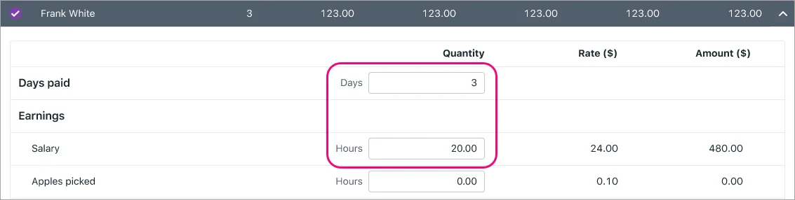 Days and hours paid highlighted in a pay run