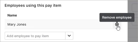 Mouse pointer hovering over the remove icon next to an employee in a pay item