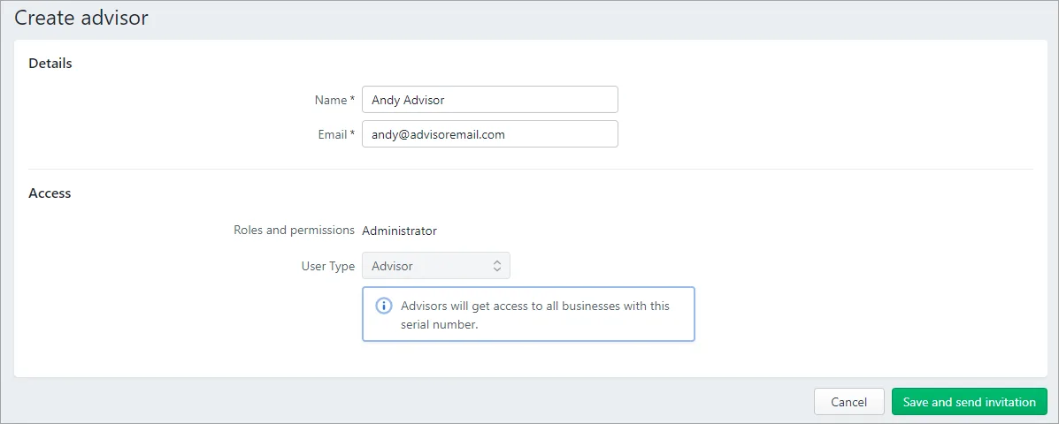 Example advisor setup in MYOB