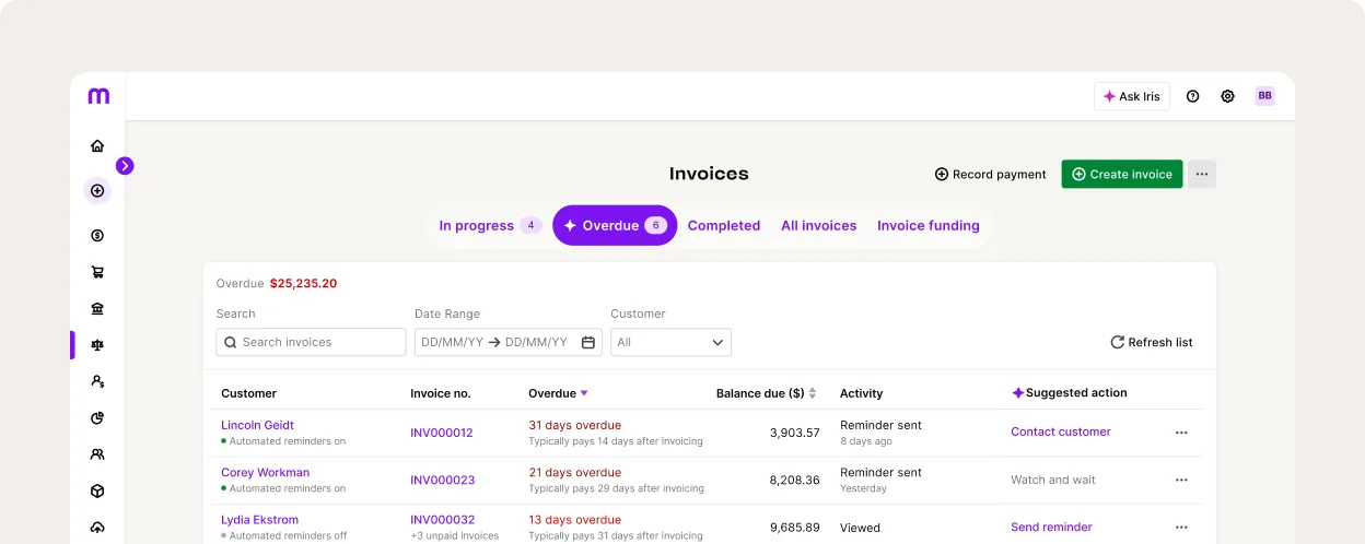 MYOB invoices dashboard showing overdue tab with $25,235.20 outstanding, listing customers with overdue balances and suggested actions.