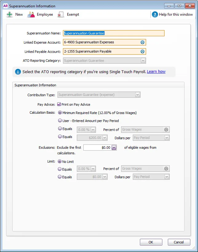 Example super guarantee payroll category