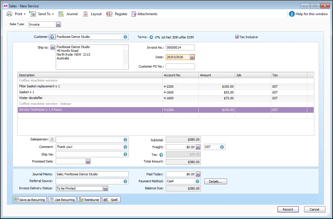 Example service invoice