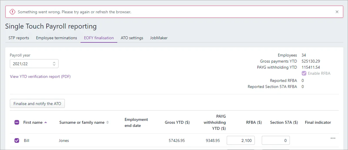 STP reporting centre with something went wrong error