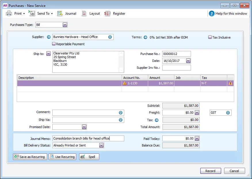 Example bill for the Head Office Clearing account