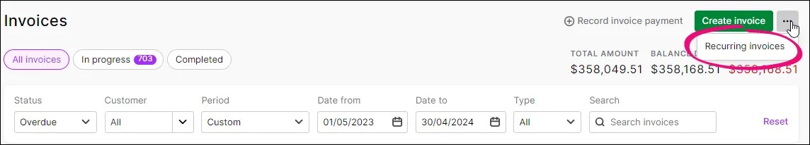 Recurring invoices option on the invoices page