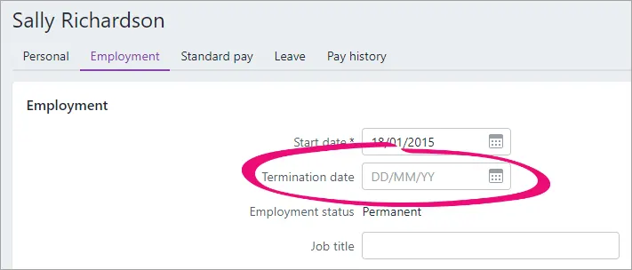 Example employee contact record with termination date highlighted