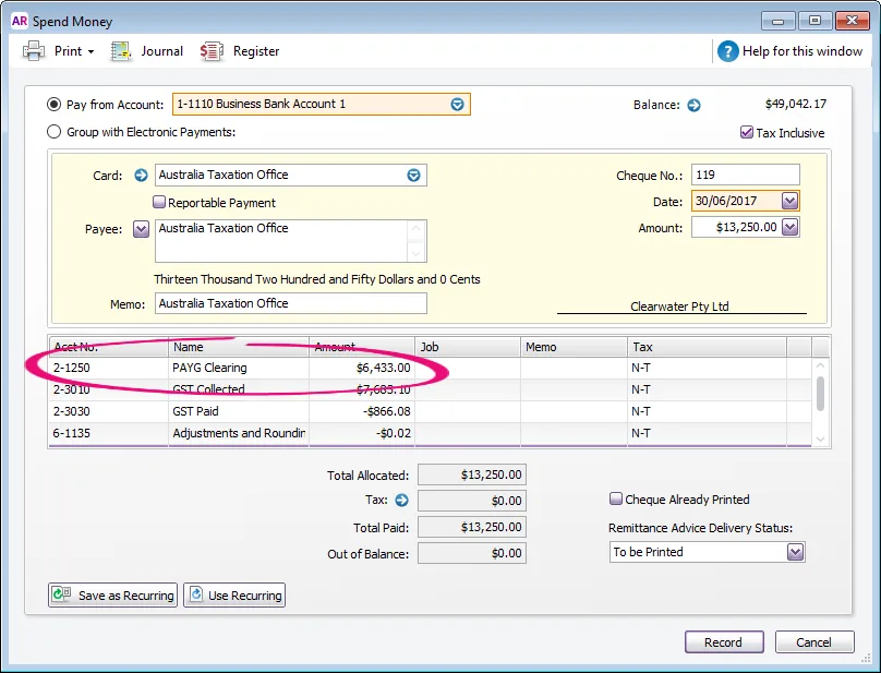 Example spend money transaction