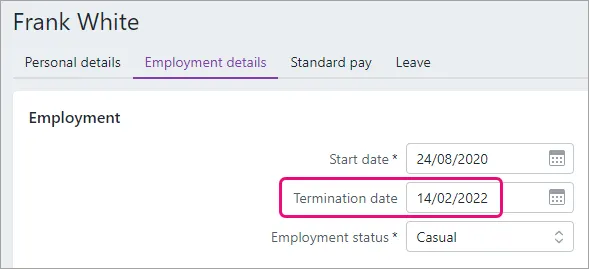 Employee record with termination date highlighted