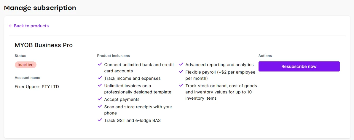 Manage my products page with resubscribe now button highlighted