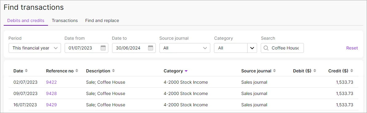 Example find transactions page showing the filters across the top