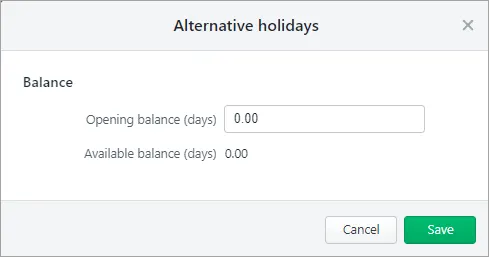 Example alternative holidays screen for a new employee