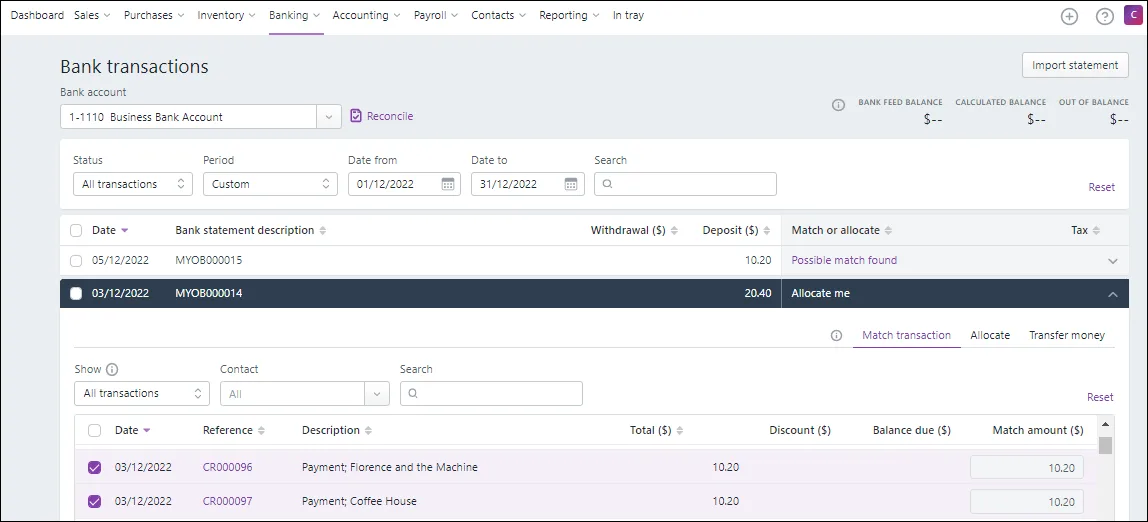 Matching a grouped payment to multiple invoices