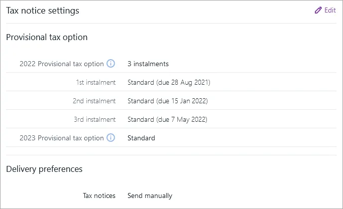 Tax notices settings showing the Provisional tax option and Delivery preferences sections