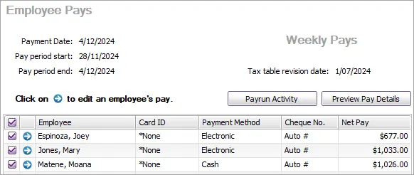 Example employee pays step of the pay run
