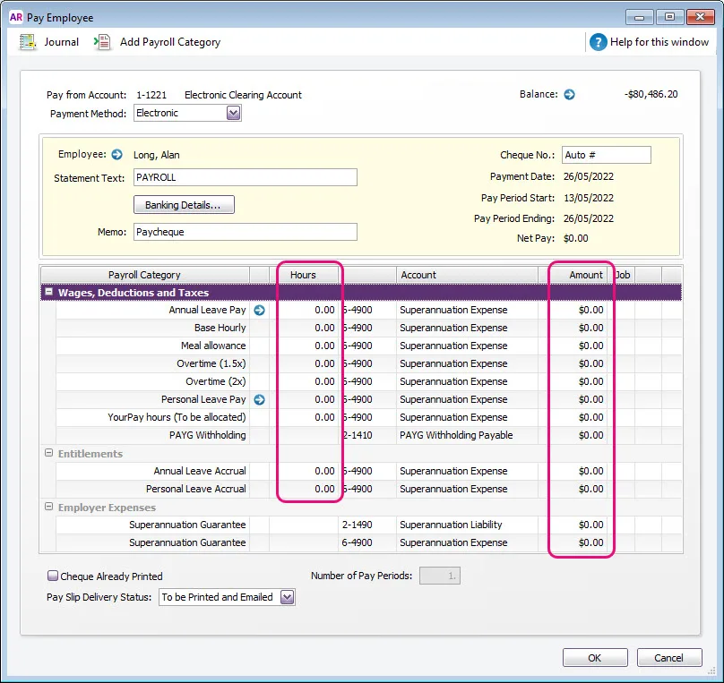 Example pay with hours and amounts all showing zero