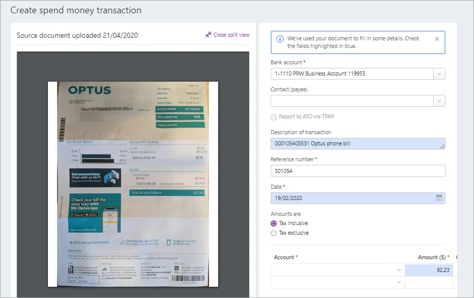 Create spend money from in tray document split view