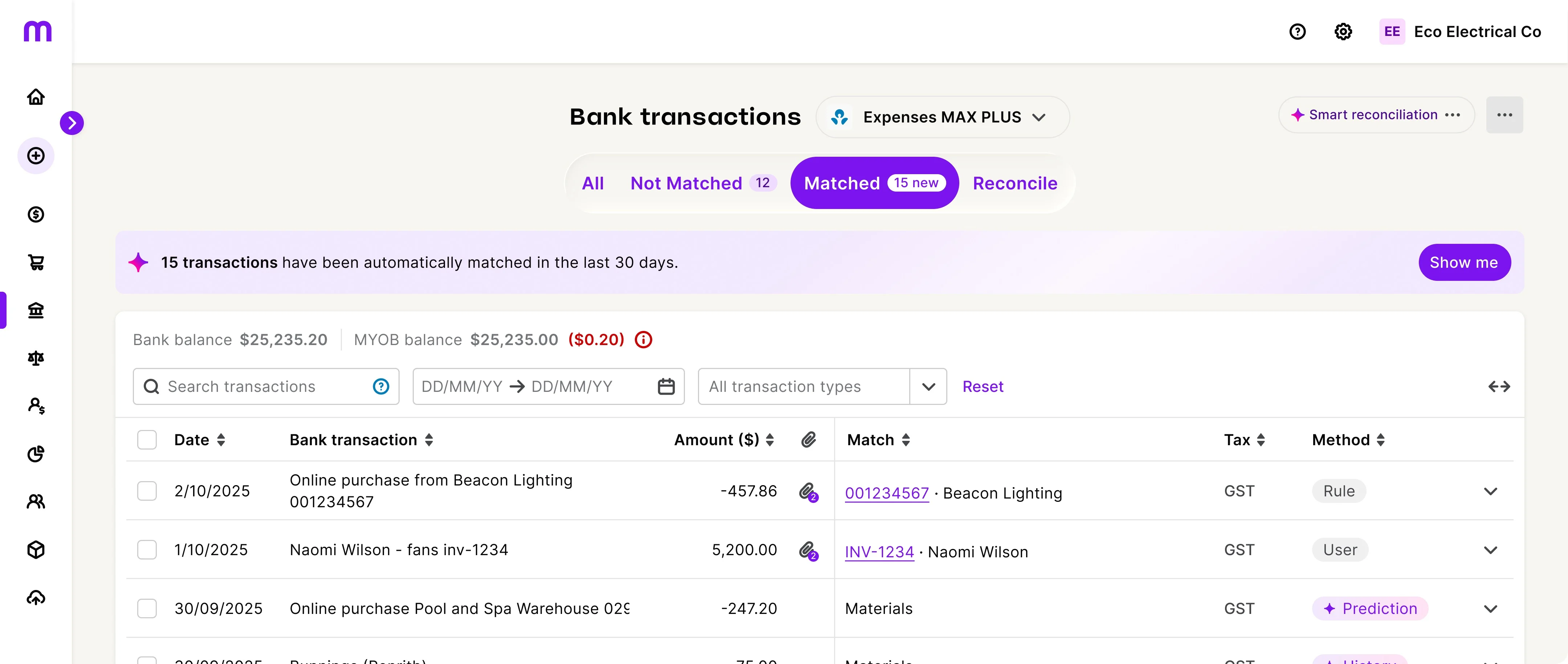 Example bank transactions screen with smart reconciliation activated