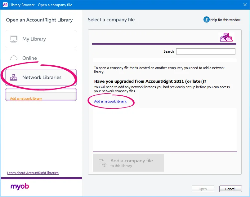 Network libraries and add a network library options highlighted