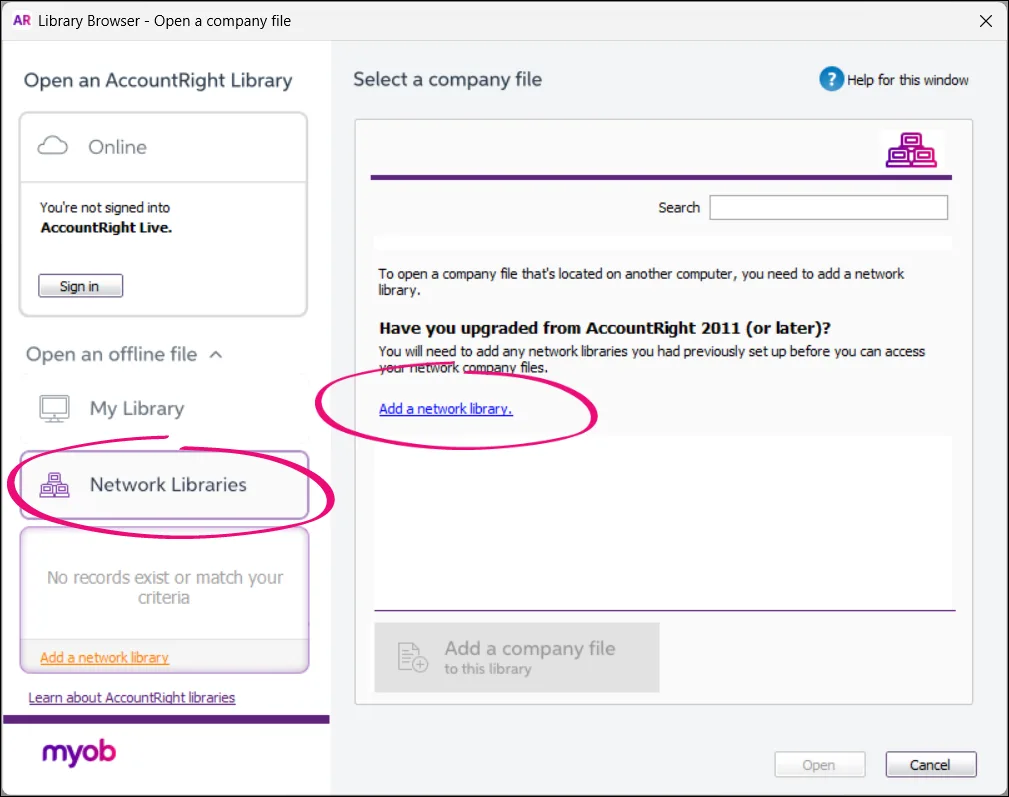 Network libraries and add a network library options highlighted