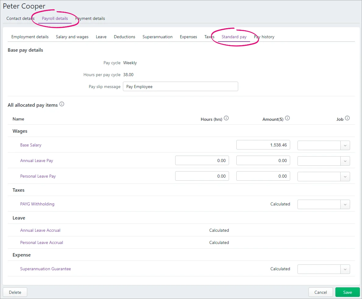 Example standard pay details