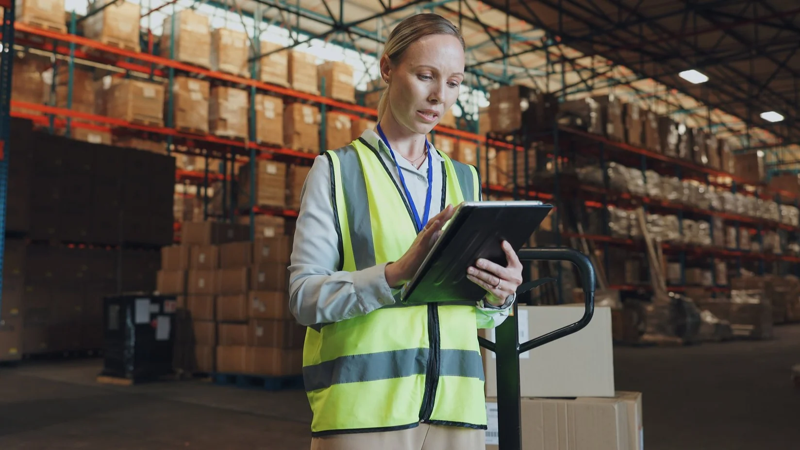 Warehouse worker in safety vest using tablet to manage inventory with stacked boxes on shelves in background.