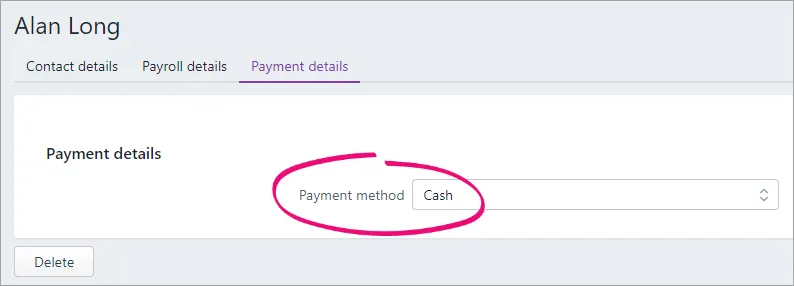Example employee record with cash payment method highlighted