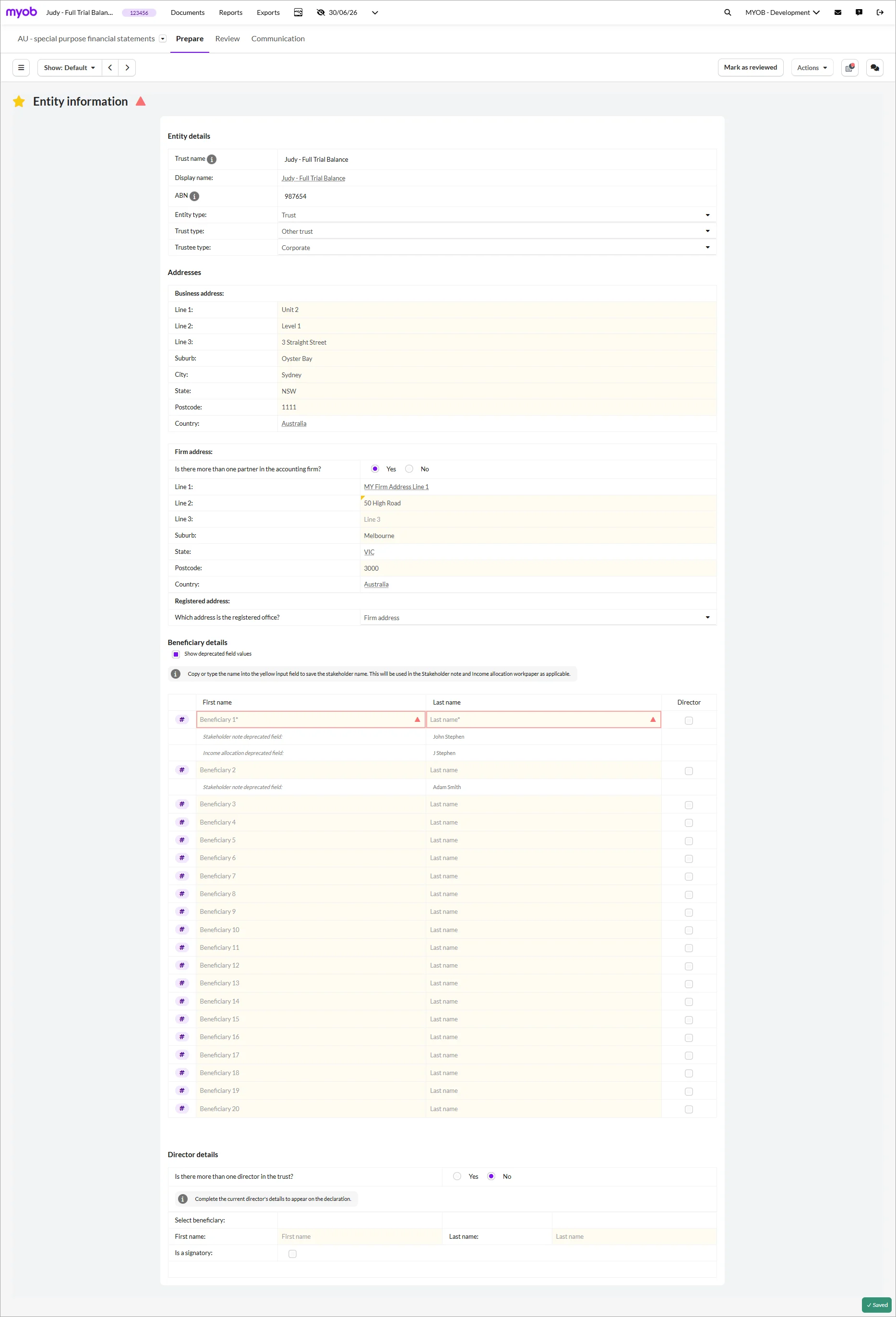 Entity information page showing fields for entity details, addresses, beneficiary details and director details