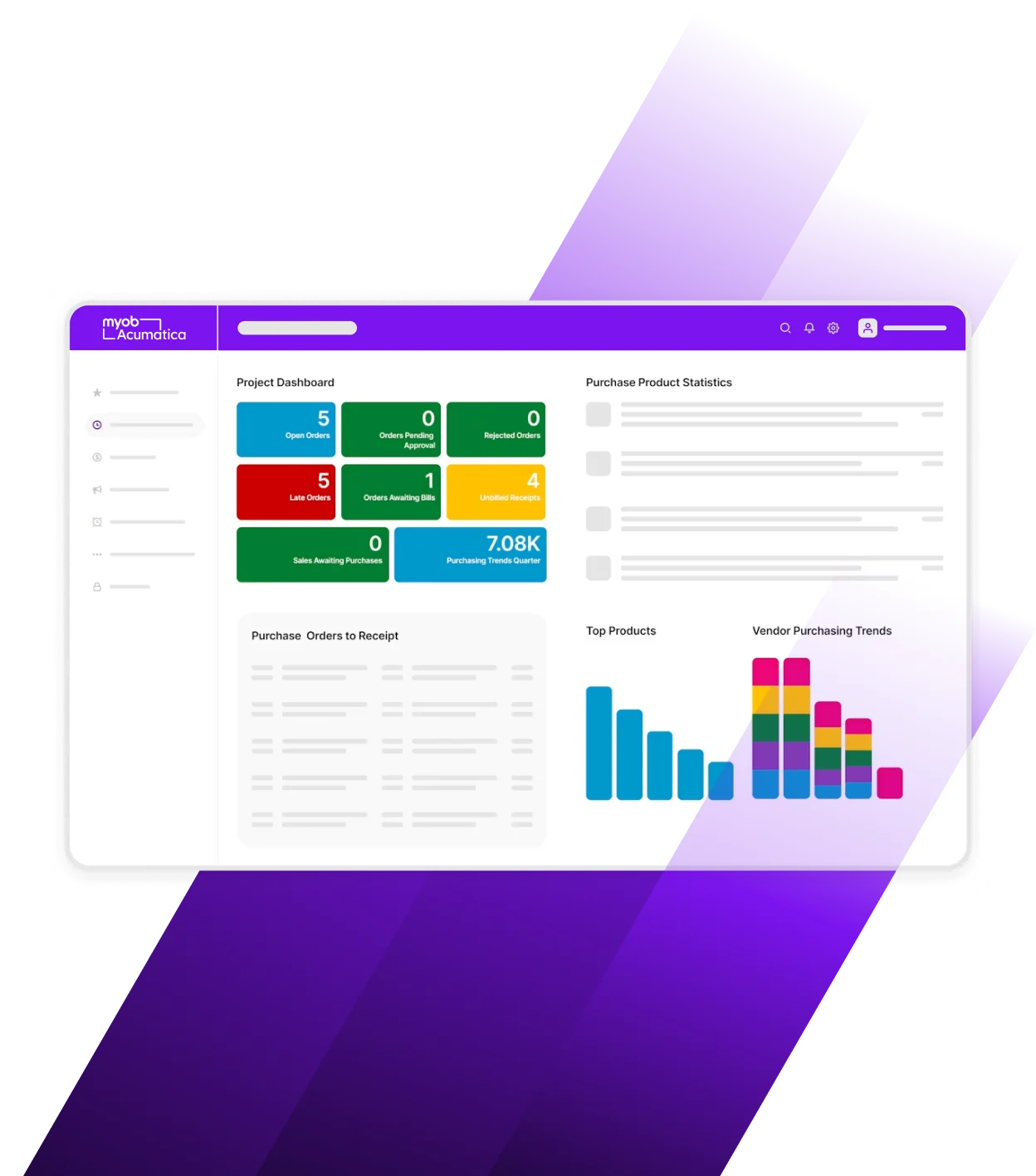 MYOB Acumatica project dashboard showing order statistics, purchasing trends, and colorful bar charts on a purple background.