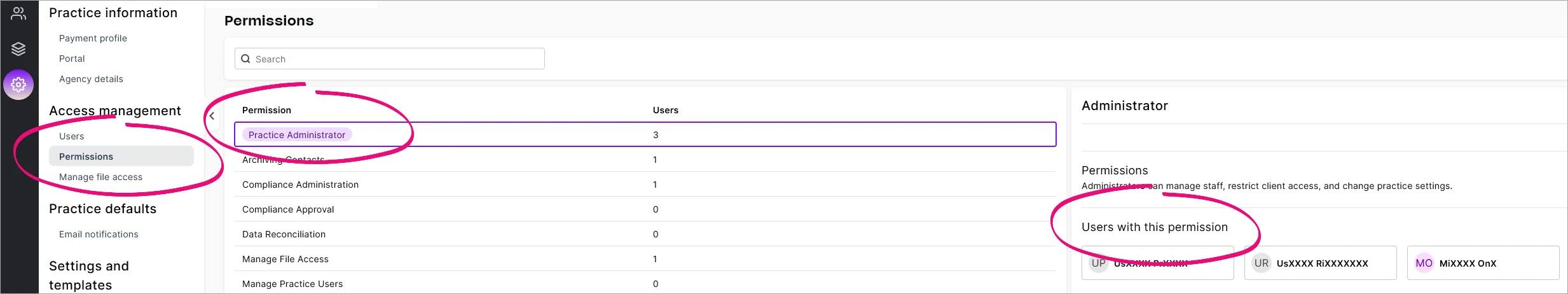 Permissions, Practice Administrator and Users with this permission highlighted in Practice Compliance settings