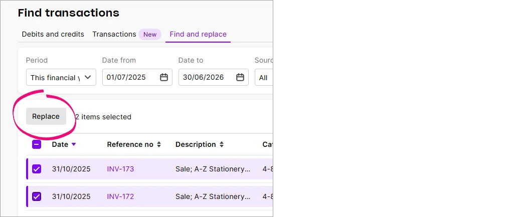 Example find and replace tab with transactions selected and replace button highlighted