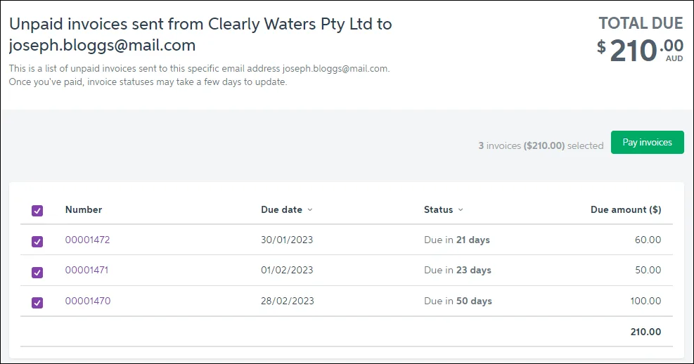 Example unpaid invoice list with several invoices ticked