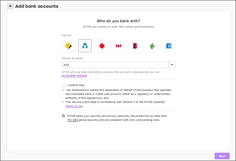 First page of the Open Banking workflow