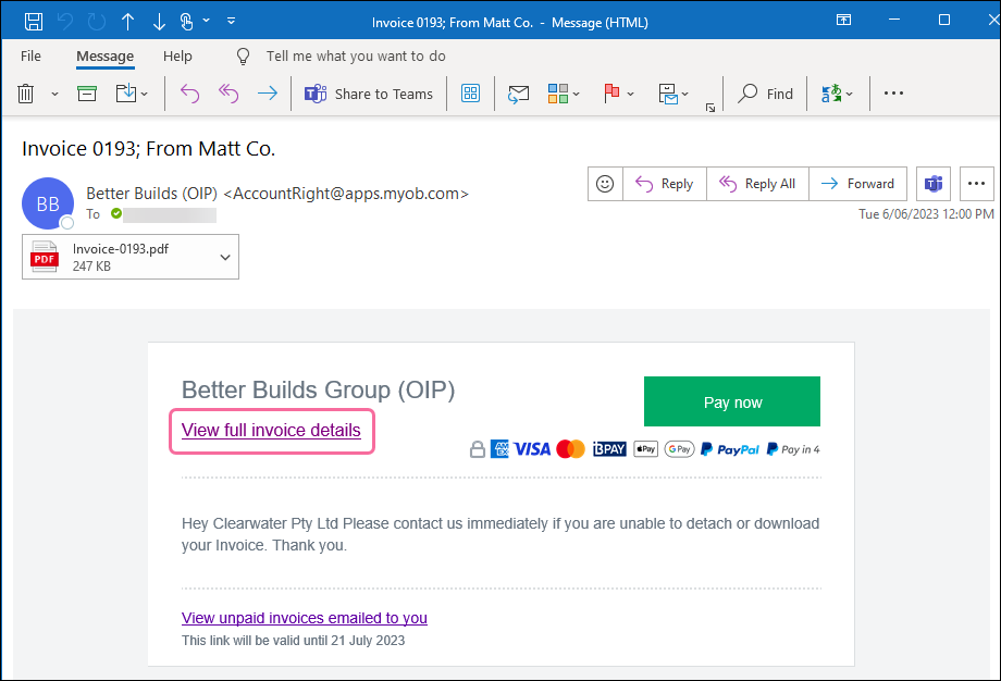 Sending an online invoice link to a customer