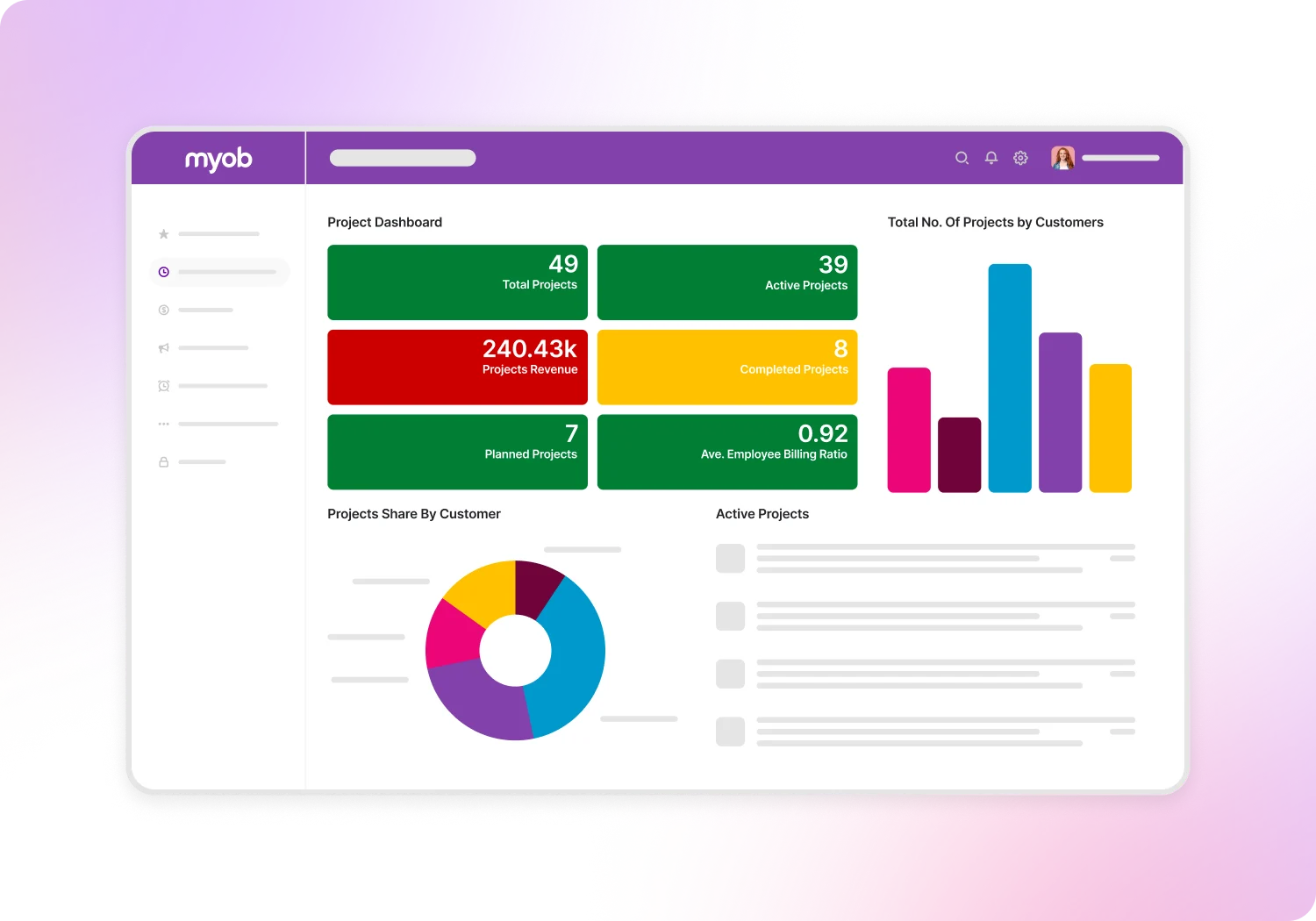 MYOB Advanced ERP dashboard showing projects arranged by customer and status