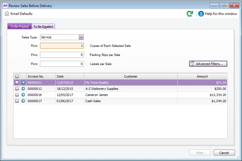 Example list of invoices on the to be printed tab